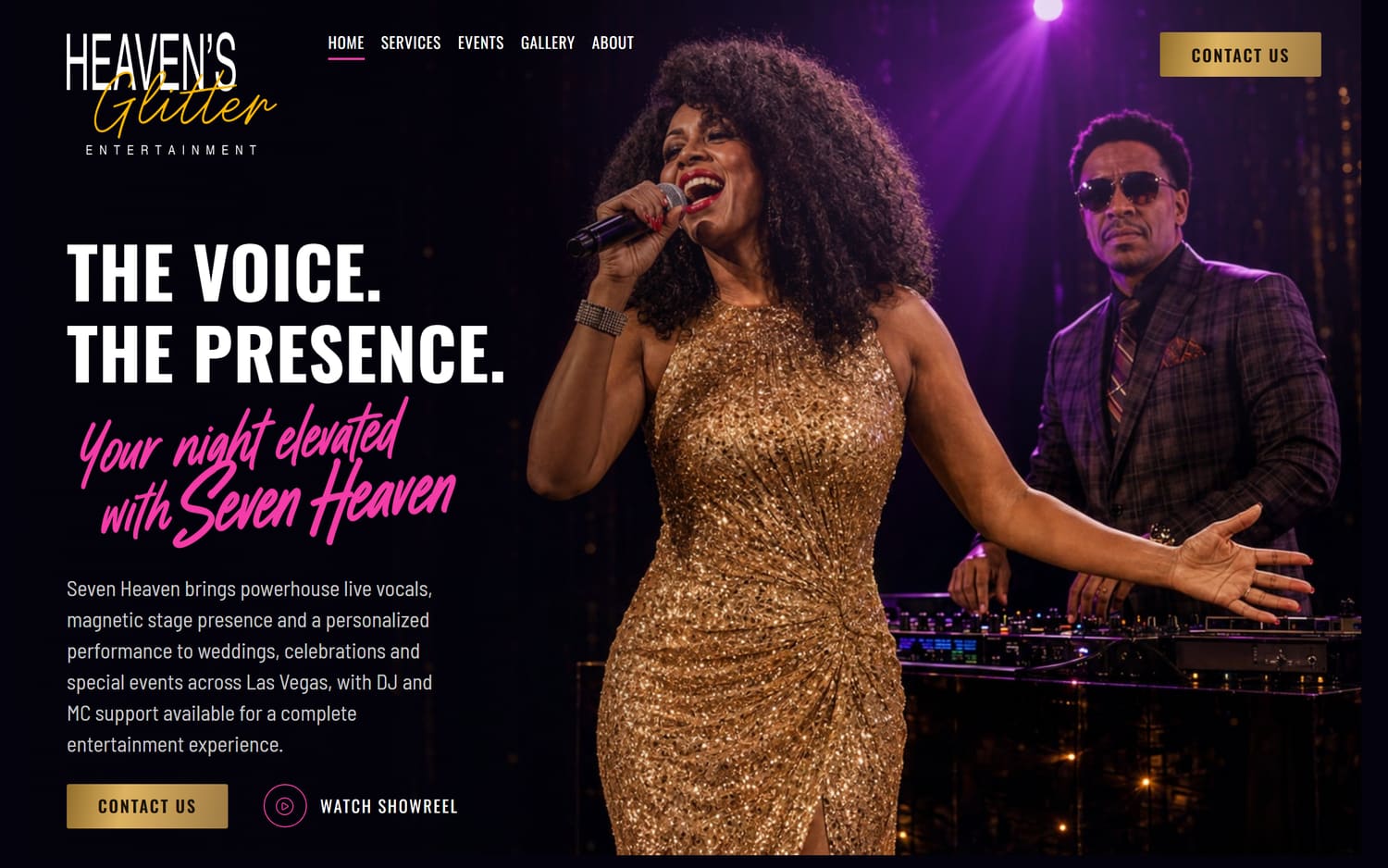Homepage of Heaven's Glitter Entertainment, a community & experiences website in Las Vegas, NV built by LocalForge